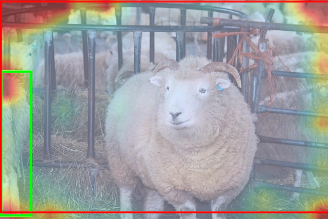 Attention and prediction after masking Visual Retrieval Heads for the sheep grounding example.